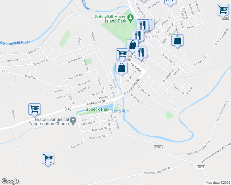 map of restaurants, bars, coffee shops, grocery stores, and more near 20 North Berne Street in Schuylkill Haven