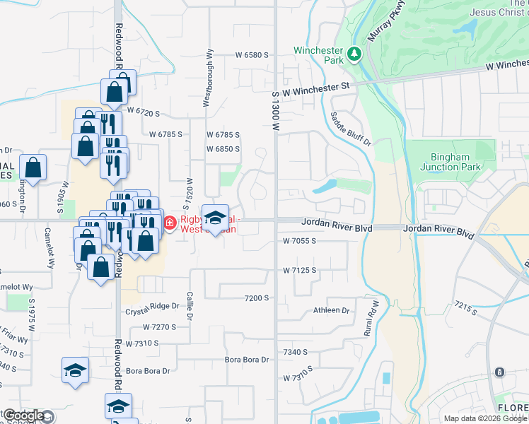 map of restaurants, bars, coffee shops, grocery stores, and more near 1326 7000 South in West Jordan