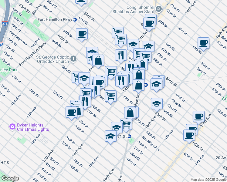 map of restaurants, bars, coffee shops, grocery stores, and more near 1350 66th Street in Brooklyn