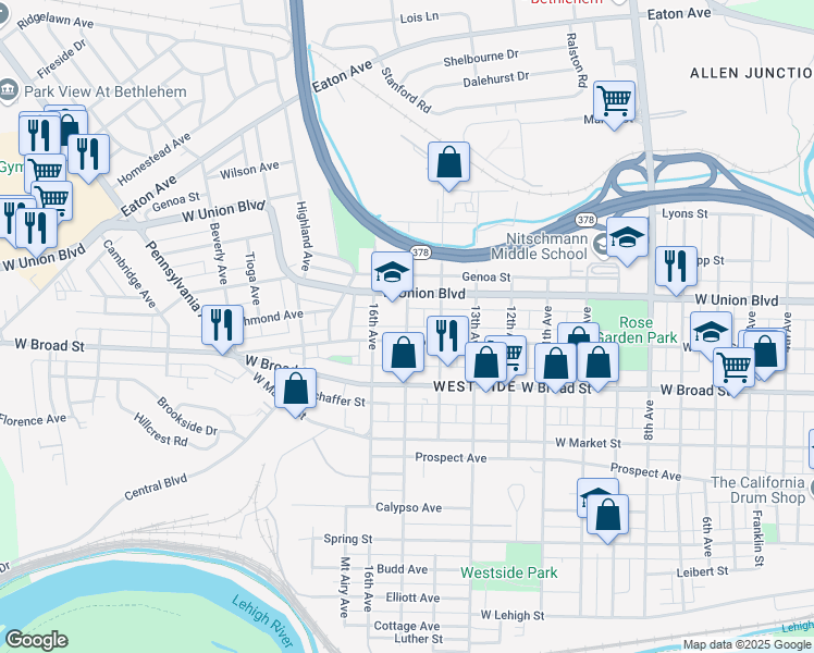 map of restaurants, bars, coffee shops, grocery stores, and more near 1600 West Burton Street in Bethlehem