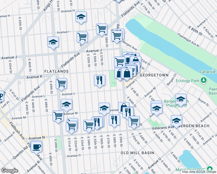 map of restaurants, bars, coffee shops, grocery stores, and more near 1236 East 58th Street in Brooklyn