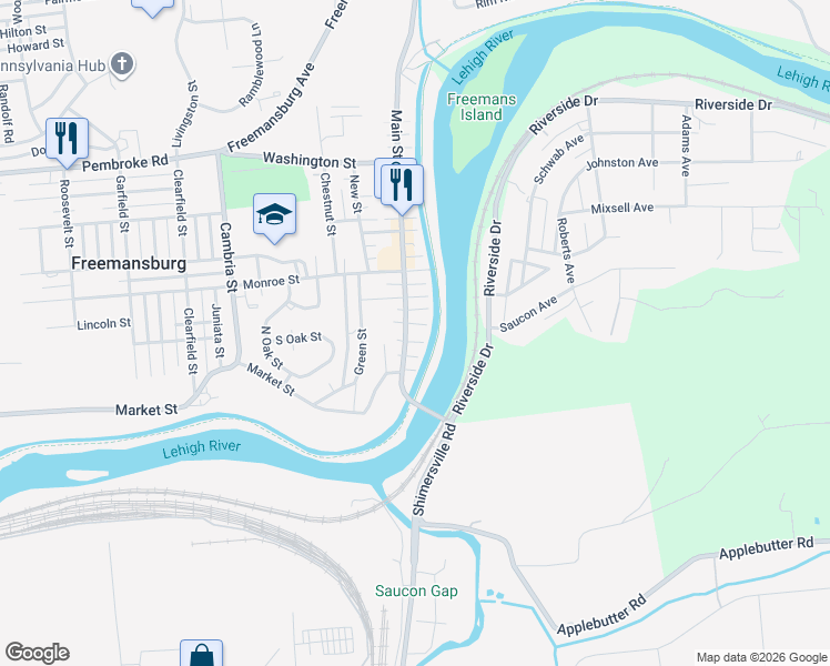 map of restaurants, bars, coffee shops, grocery stores, and more near 129 Main Street in Freemansburg