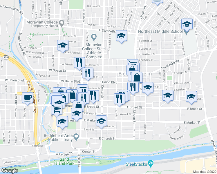 map of restaurants, bars, coffee shops, grocery stores, and more near 121 East Garrison Street in Bethlehem
