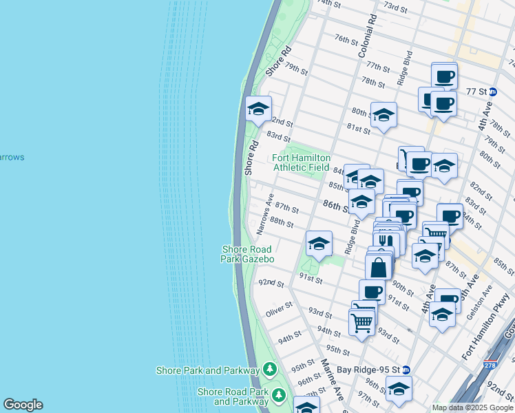 map of restaurants, bars, coffee shops, grocery stores, and more near 8701 Shore Road in Brooklyn