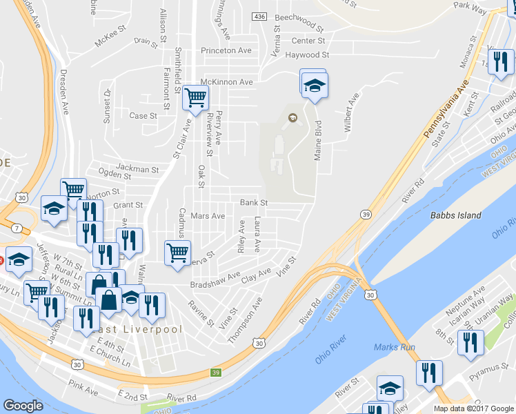 map of restaurants, bars, coffee shops, grocery stores, and more near 836 Laura Avenue in East Liverpool