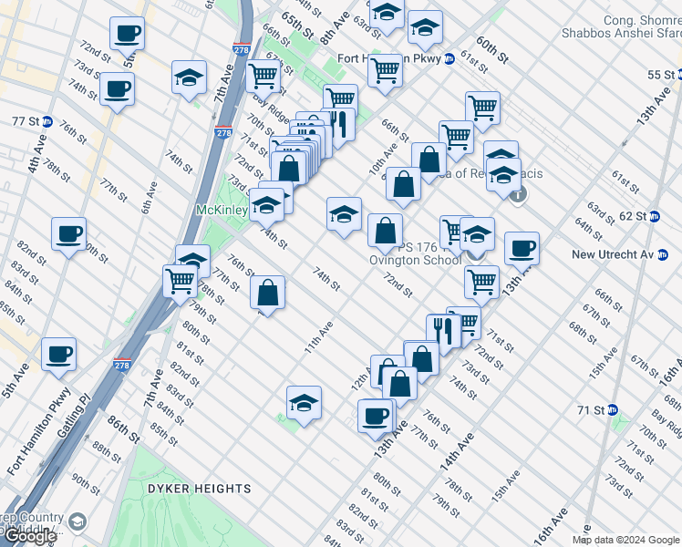 map of restaurants, bars, coffee shops, grocery stores, and more near 1056 73rd Street in Brooklyn