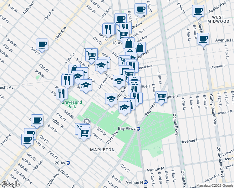 map of restaurants, bars, coffee shops, grocery stores, and more near 1965 52nd Street in Brooklyn