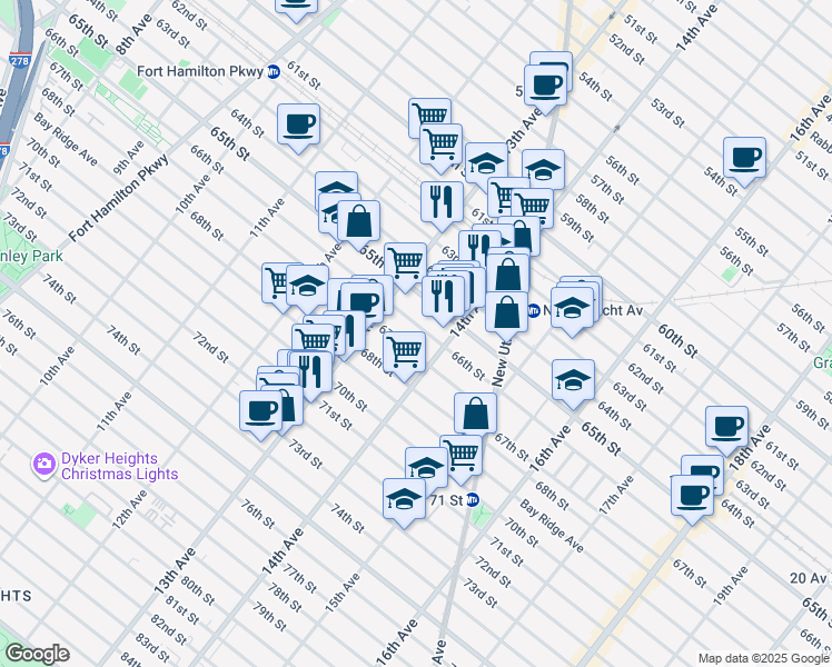 map of restaurants, bars, coffee shops, grocery stores, and more near 1350 66th Street in Brooklyn