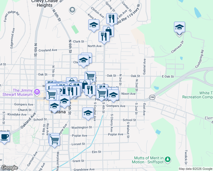 map of restaurants, bars, coffee shops, grocery stores, and more near 375 Water Street in Indiana