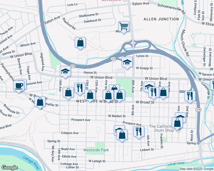 map of restaurants, bars, coffee shops, grocery stores, and more near 716 11th Avenue in Bethlehem
