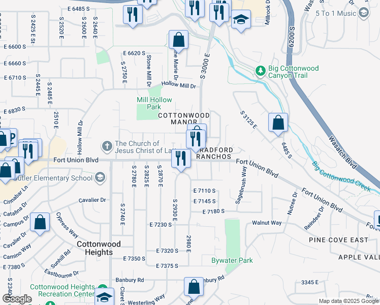 map of restaurants, bars, coffee shops, grocery stores, and more near 6971 Canyon Pines Circle in Cottonwood Heights