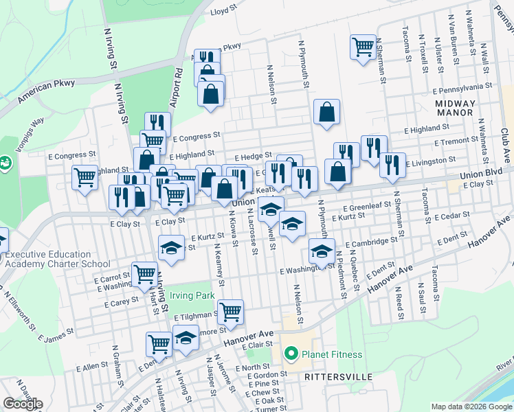 map of restaurants, bars, coffee shops, grocery stores, and more near 1210 Union Boulevard in Allentown