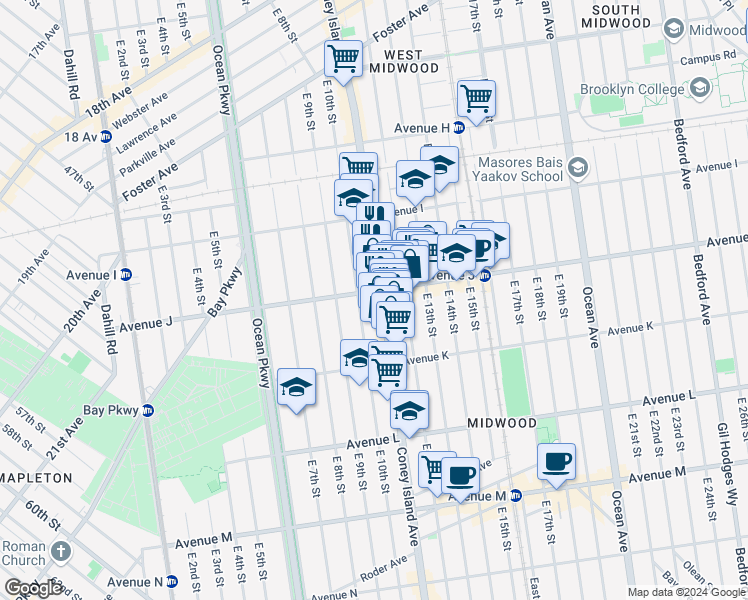 map of restaurants, bars, coffee shops, grocery stores, and more near 1014 Avenue J in Brooklyn