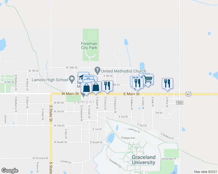 map of restaurants, bars, coffee shops, grocery stores, and more near 121 North Cherry Street in Lamoni