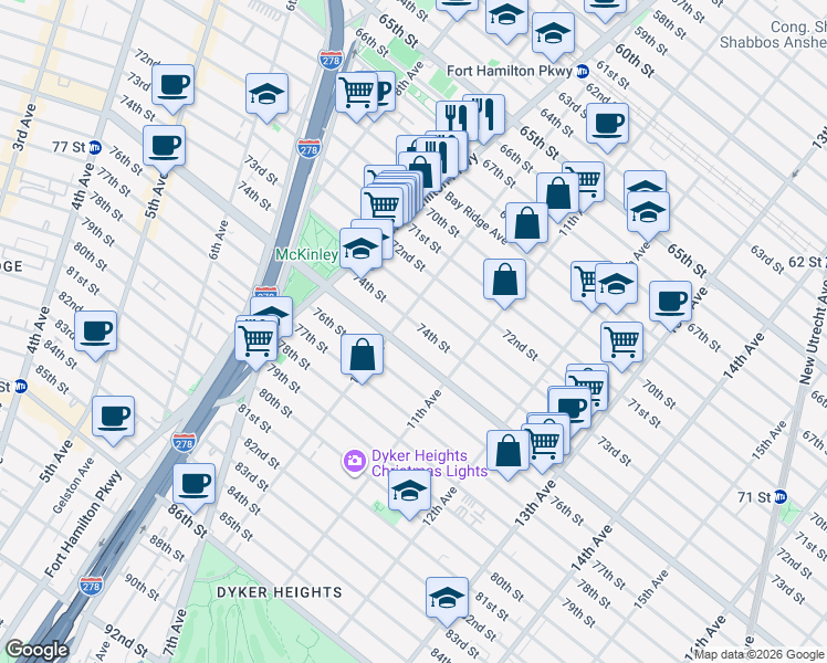 map of restaurants, bars, coffee shops, grocery stores, and more near 1018 74th Street in Brooklyn