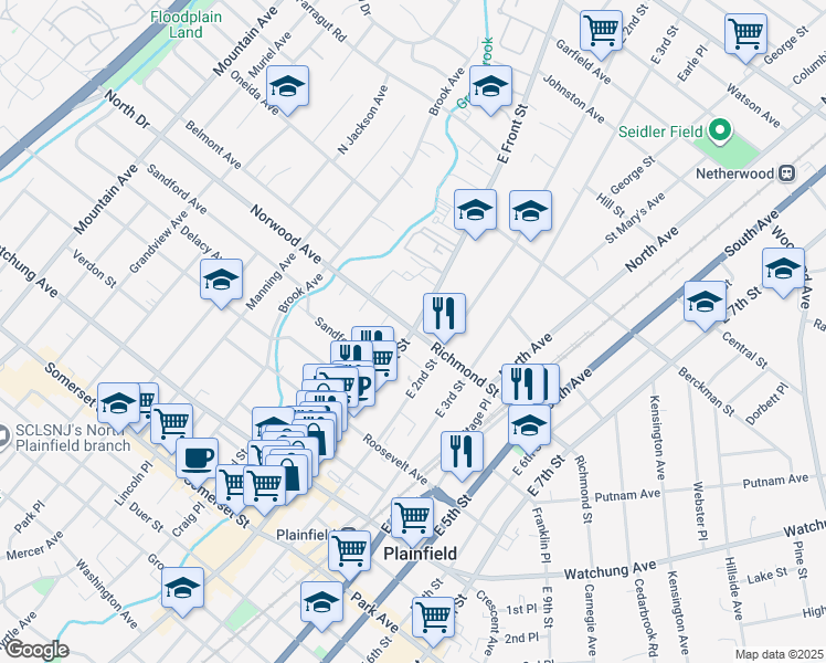 map of restaurants, bars, coffee shops, grocery stores, and more near East Front Street & Norwood Avenue in Plainfield