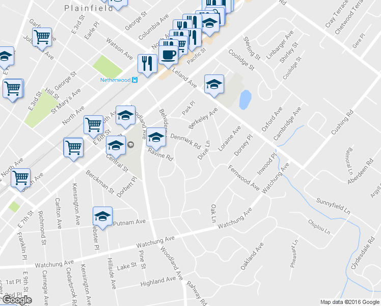 map of restaurants, bars, coffee shops, grocery stores, and more near 1220 Denmark Road in Plainfield