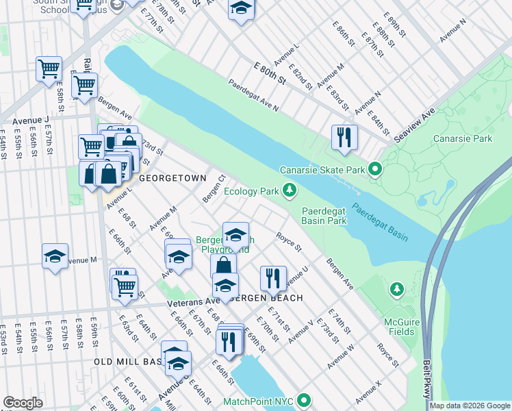 map of restaurants, bars, coffee shops, grocery stores, and more near 1457 Royce Street in Brooklyn