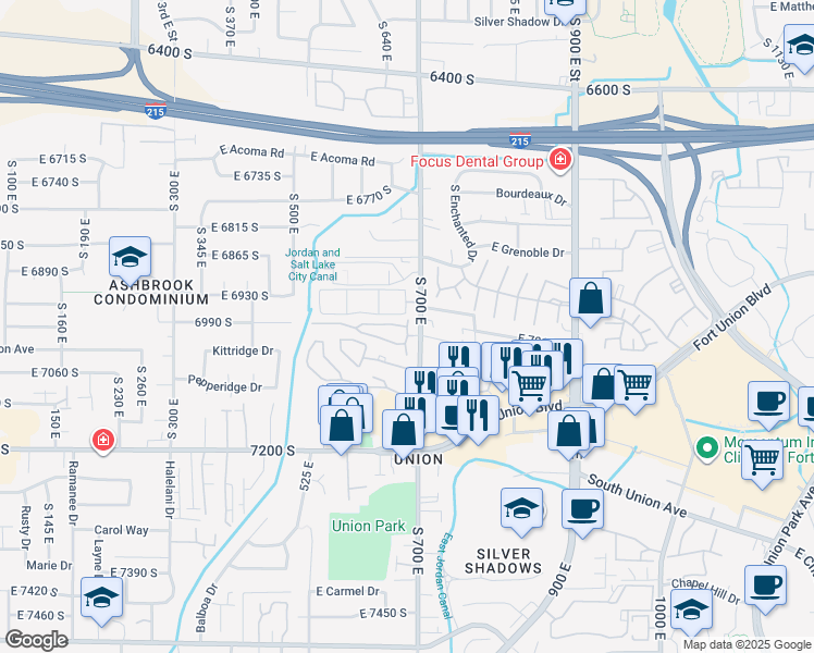 map of restaurants, bars, coffee shops, grocery stores, and more near 6969 South Free Land Avenue in Midvale
