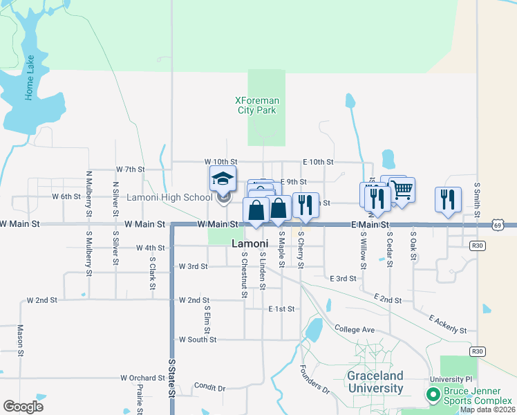 map of restaurants, bars, coffee shops, grocery stores, and more near 101-199 E 8th St in Lamoni
