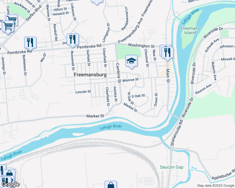 map of restaurants, bars, coffee shops, grocery stores, and more near 203 Juniata Street in Freemansburg