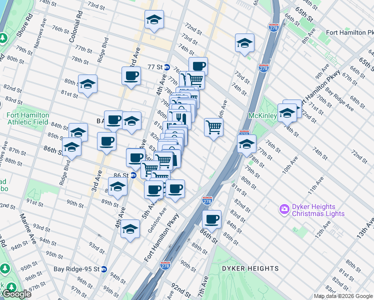map of restaurants, bars, coffee shops, grocery stores, and more near 533 81st Street in Brooklyn