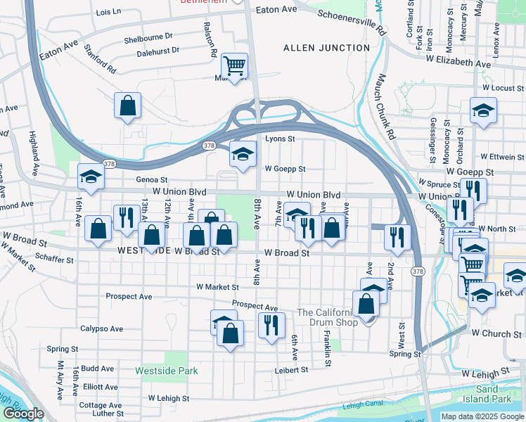 map of restaurants, bars, coffee shops, grocery stores, and more near 720 8th Avenue in Bethlehem