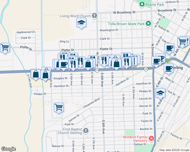 map of restaurants, bars, coffee shops, grocery stores, and more near 618 Douglas Street in Sterling