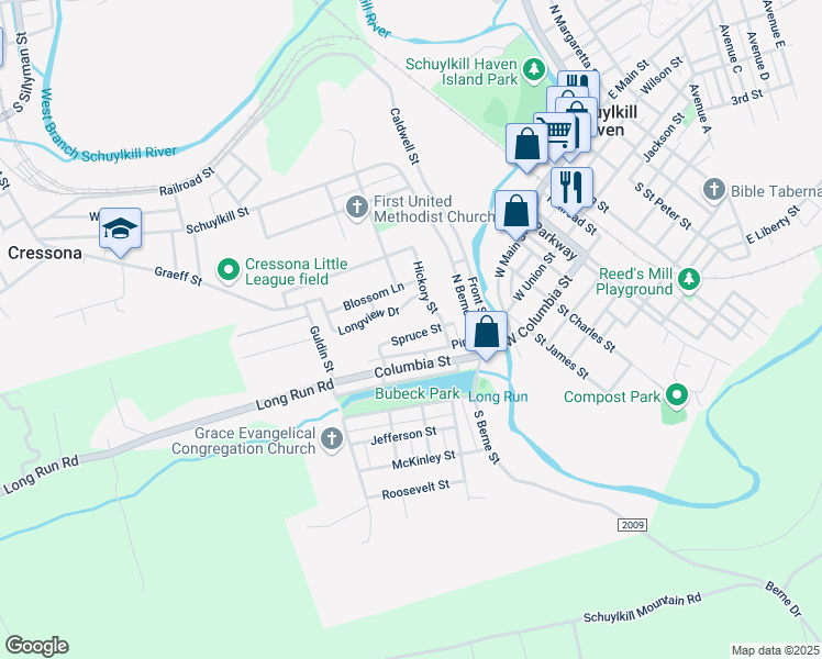 map of restaurants, bars, coffee shops, grocery stores, and more near 445 Spruce Street in Schuylkill Haven