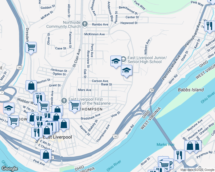 map of restaurants, bars, coffee shops, grocery stores, and more near 836 Laura Avenue in East Liverpool