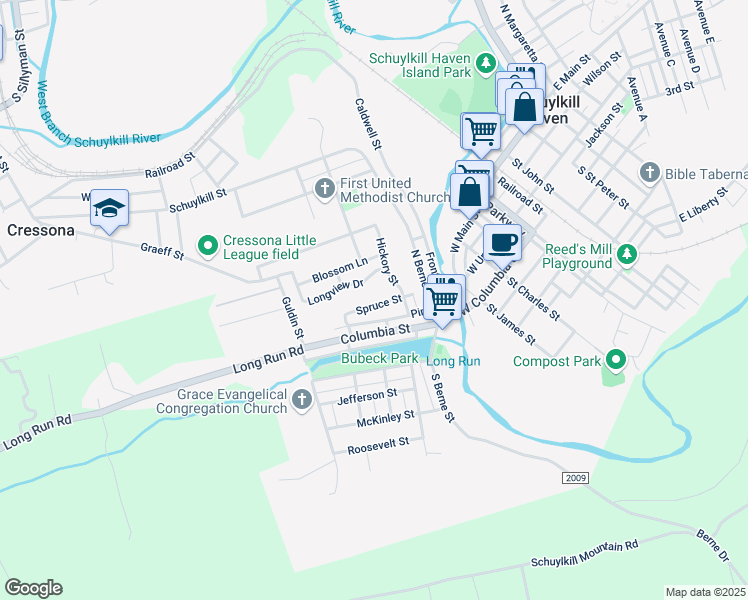 map of restaurants, bars, coffee shops, grocery stores, and more near 445 Spruce Street in Schuylkill Haven