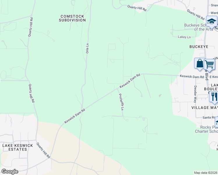 map of restaurants, bars, coffee shops, grocery stores, and more near 2580 Keswick Dam Road in Redding