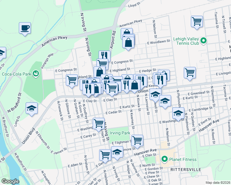 map of restaurants, bars, coffee shops, grocery stores, and more near 1015 Union Boulevard in Allentown