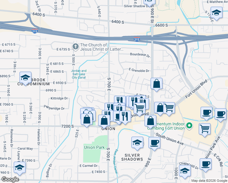 map of restaurants, bars, coffee shops, grocery stores, and more near 6965 South 700 East in Midvale