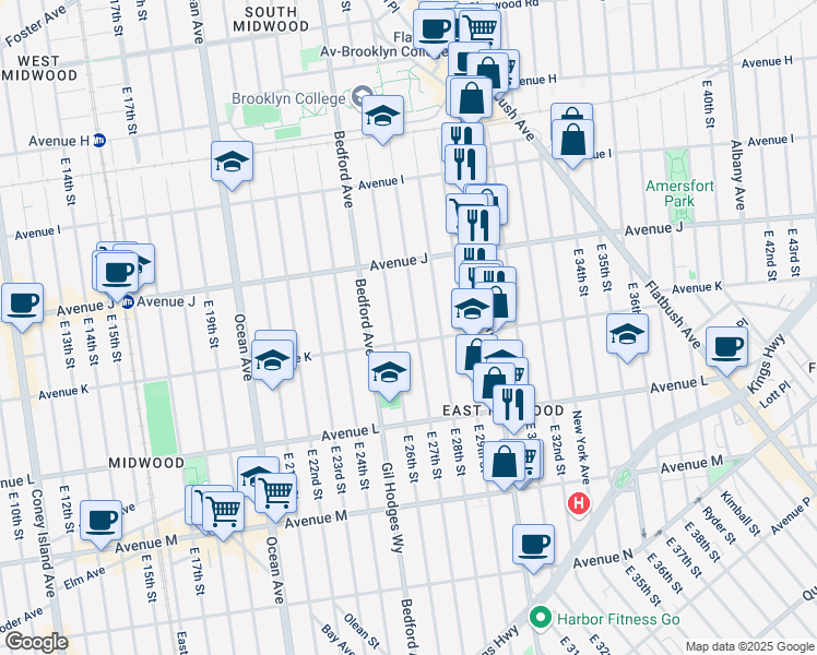 map of restaurants, bars, coffee shops, grocery stores, and more near 1075 East 26th Street in Brooklyn