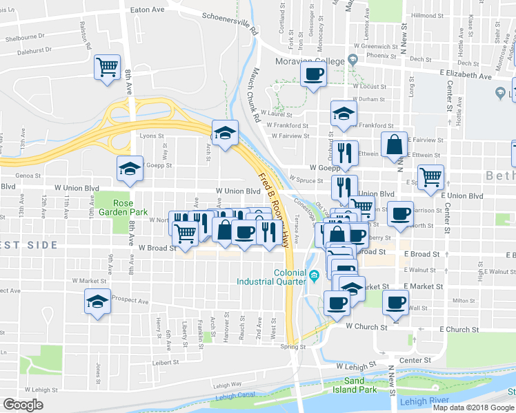 map of restaurants, bars, coffee shops, grocery stores, and more near 725 2nd Avenue in Bethlehem
