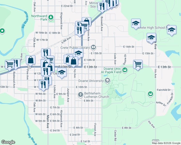 map of restaurants, bars, coffee shops, grocery stores, and more near 1210 Grove Avenue in Crete