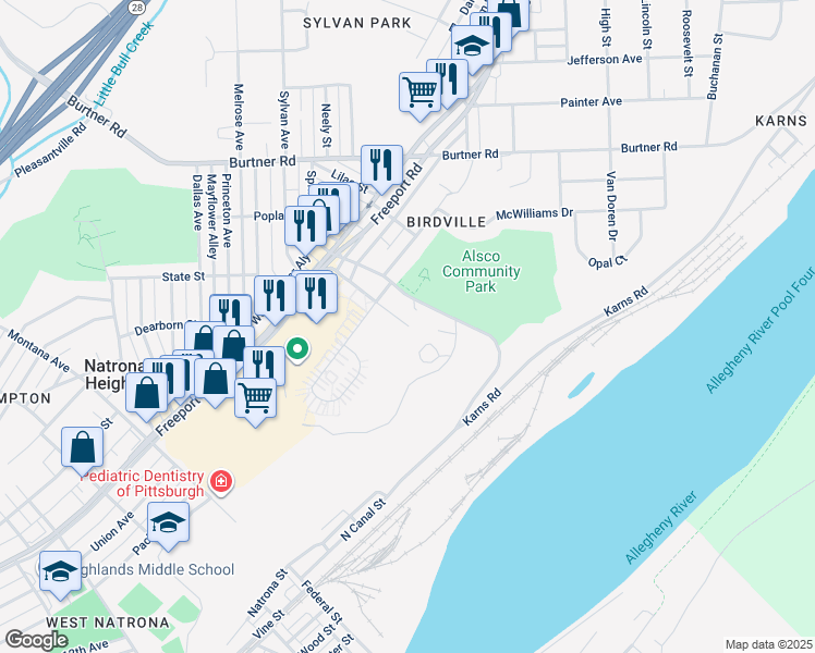 map of restaurants, bars, coffee shops, grocery stores, and more near 1 Municipal Drive in Natrona Heights