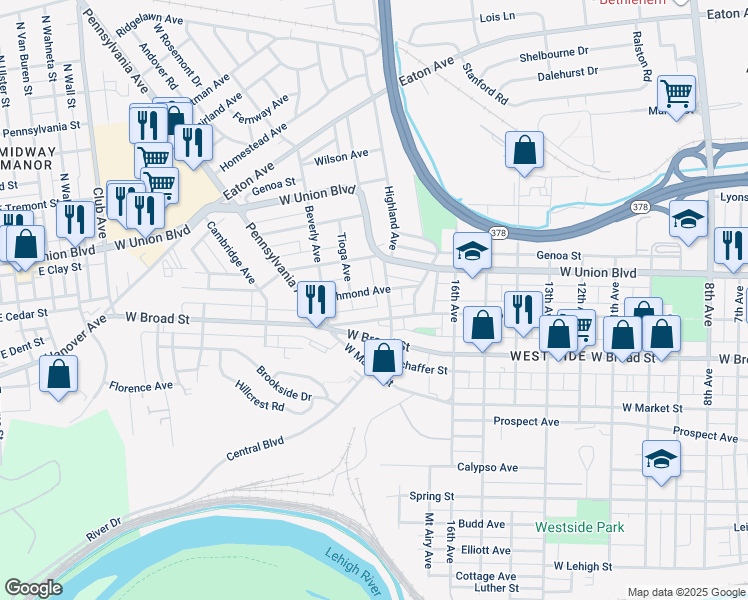 map of restaurants, bars, coffee shops, grocery stores, and more near 1819 Richmond Avenue in Bethlehem