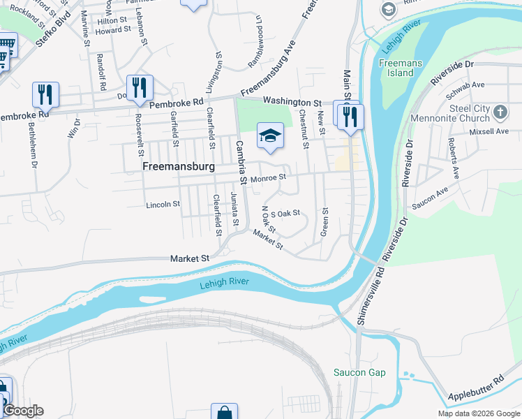 map of restaurants, bars, coffee shops, grocery stores, and more near 141 North Oak Street in Freemansburg