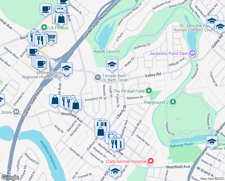 map of restaurants, bars, coffee shops, grocery stores, and more near 22 Cook St in Clark