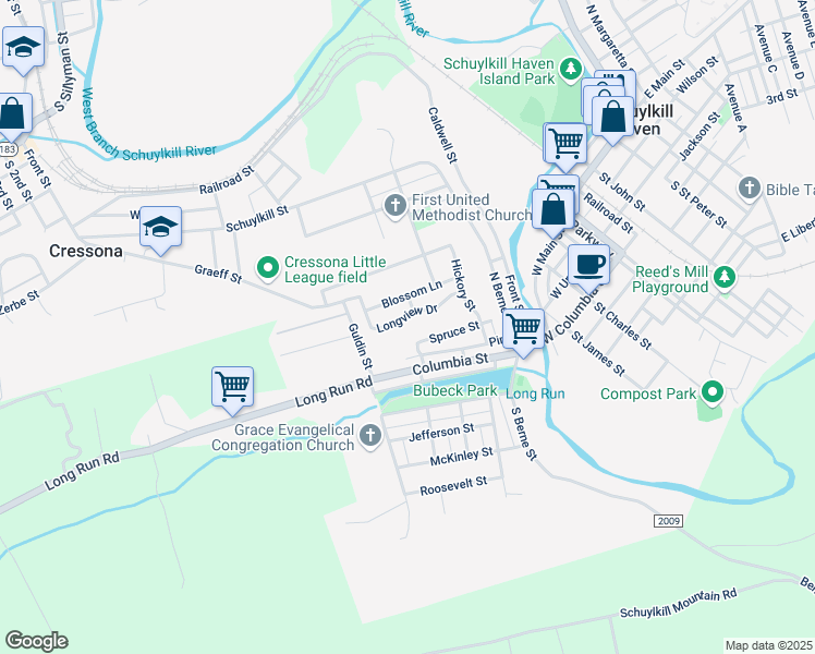 map of restaurants, bars, coffee shops, grocery stores, and more near 35 Longview Drive in Schuylkill Haven