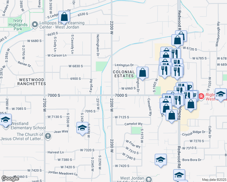 map of restaurants, bars, coffee shops, grocery stores, and more near 6975 2200 W in West Jordan