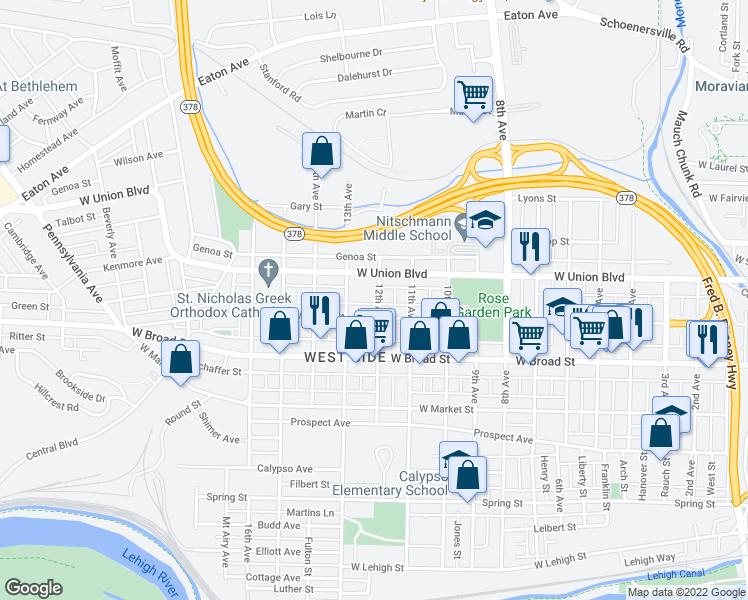 map of restaurants, bars, coffee shops, grocery stores, and more near 713 12th Ave in Bethlehem