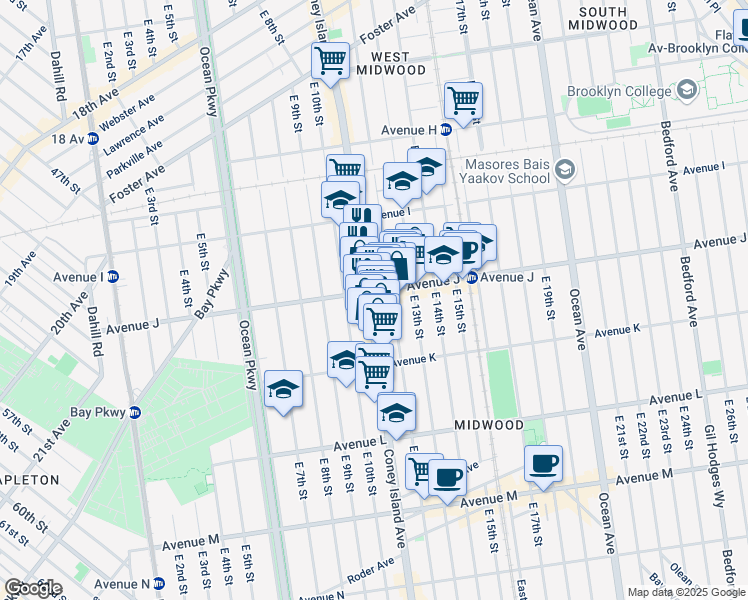 map of restaurants, bars, coffee shops, grocery stores, and more near 1104 Avenue J in Brooklyn