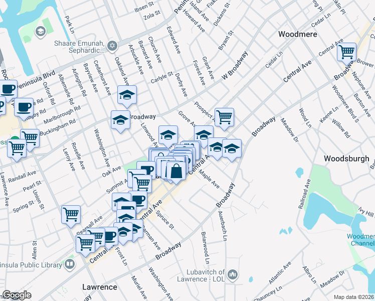 map of restaurants, bars, coffee shops, grocery stores, and more near 601 Chestnut Street in Cedarhurst