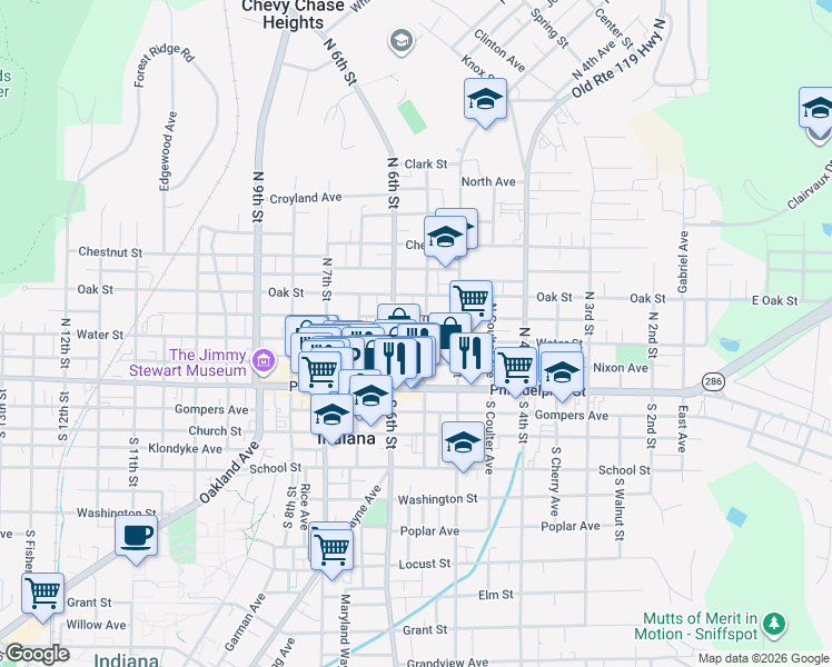 map of restaurants, bars, coffee shops, grocery stores, and more near 103 North 6th Street in Indiana