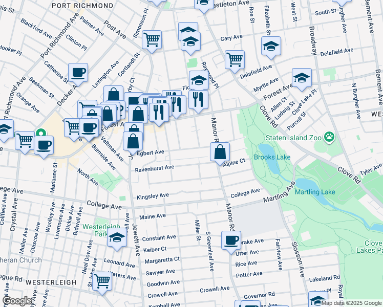 map of restaurants, bars, coffee shops, grocery stores, and more near 126 Egbert Ave in Staten Island