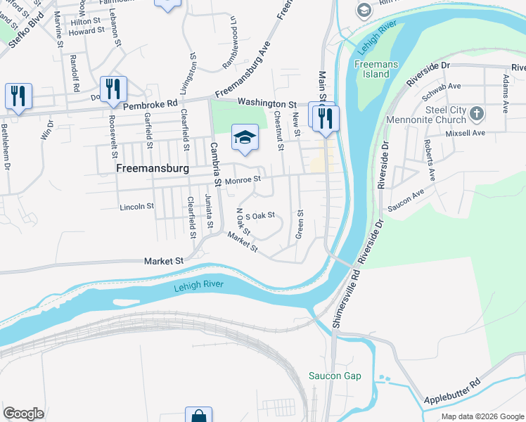 map of restaurants, bars, coffee shops, grocery stores, and more near 411 South Oak Street in Freemansburg