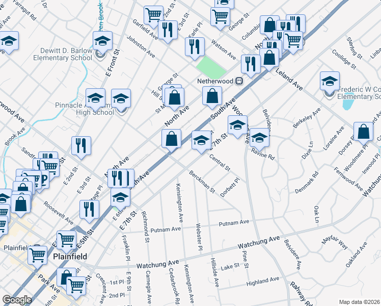 map of restaurants, bars, coffee shops, grocery stores, and more near 724 East 6th Street in Plainfield